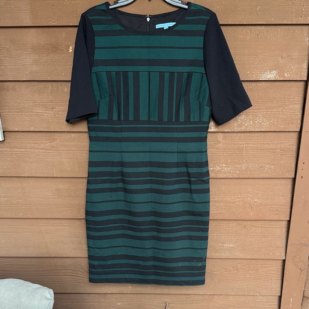 ANTONIO MELANI Green and Black Striped Midi Dress size 12
